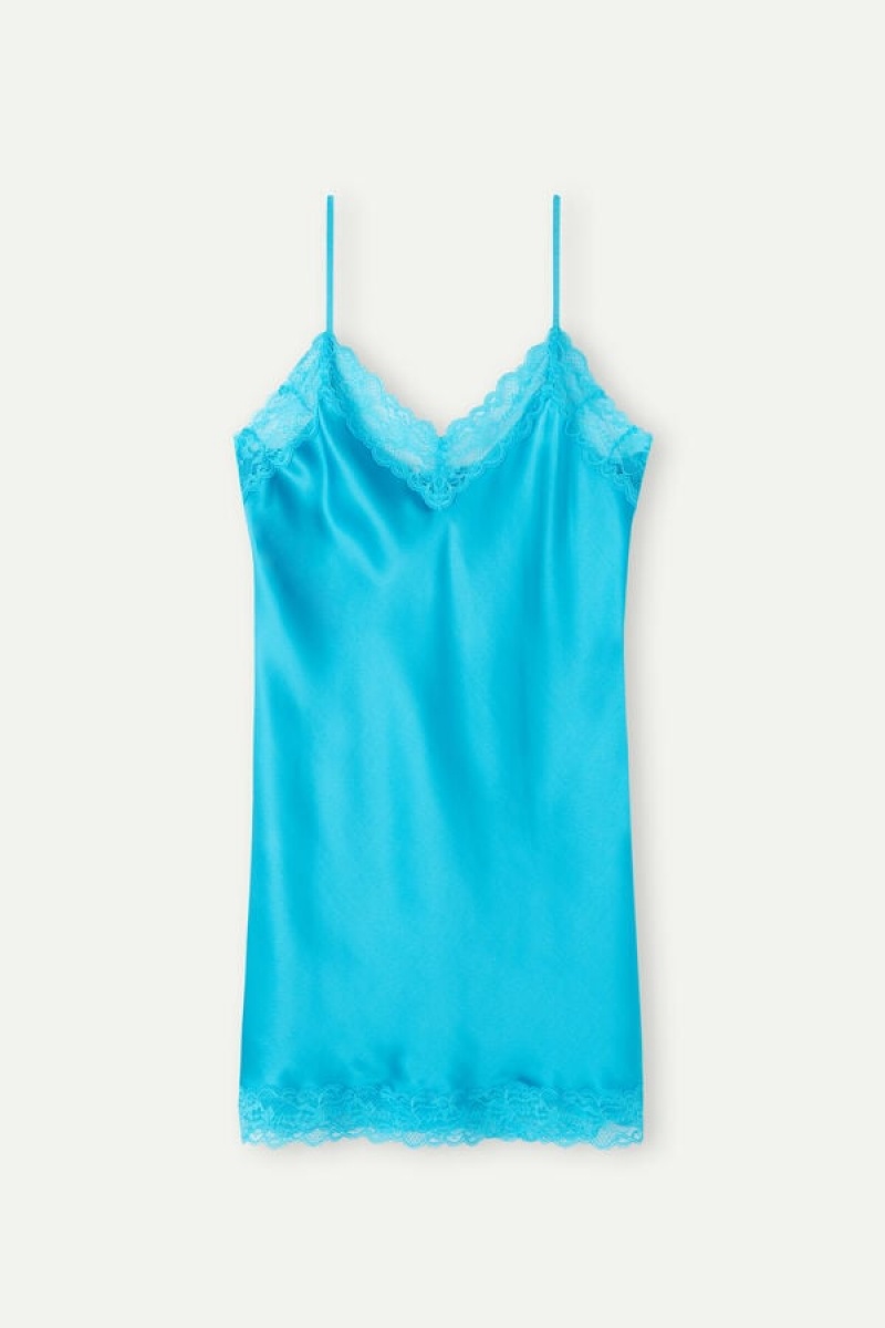 Blue Intimissimi Silk Slip with Lace Insert Detail | YCAGT10692