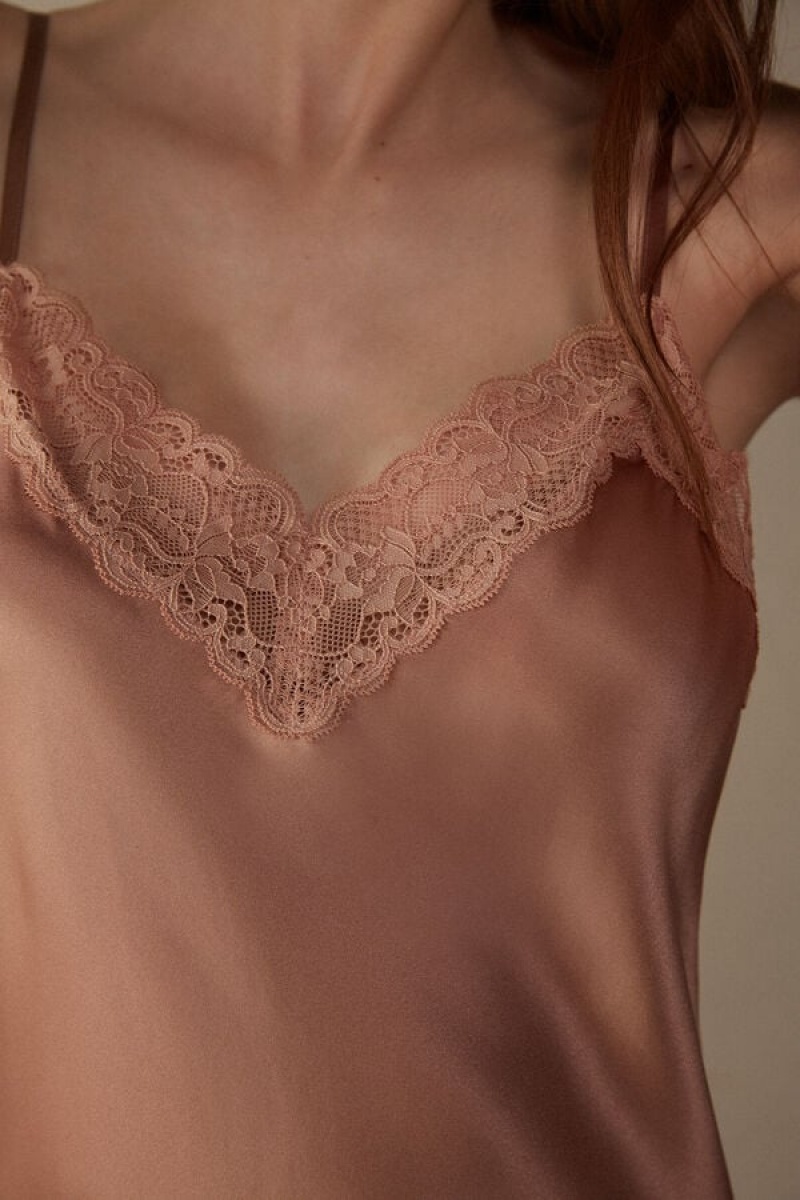 Natural Intimissimi Silk Slip with Lace Insert Detail | LCASX78059