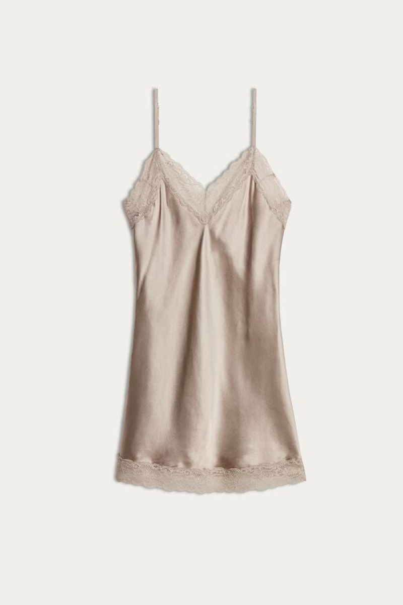 Natural Intimissimi Silk Slip with Lace Insert Detail | BCASO28957