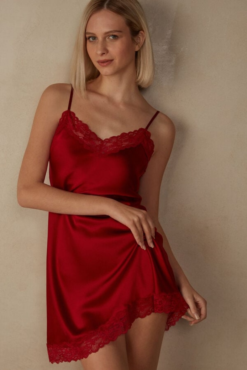 Red Intimissimi Silk Slip with Lace Insert Detail | YCAVQ98090