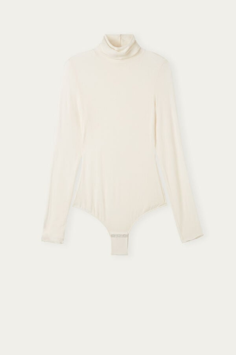 White Intimissimi High Collar Bodysuit in Modal Ultralight with Cashmere | QCAWA52022