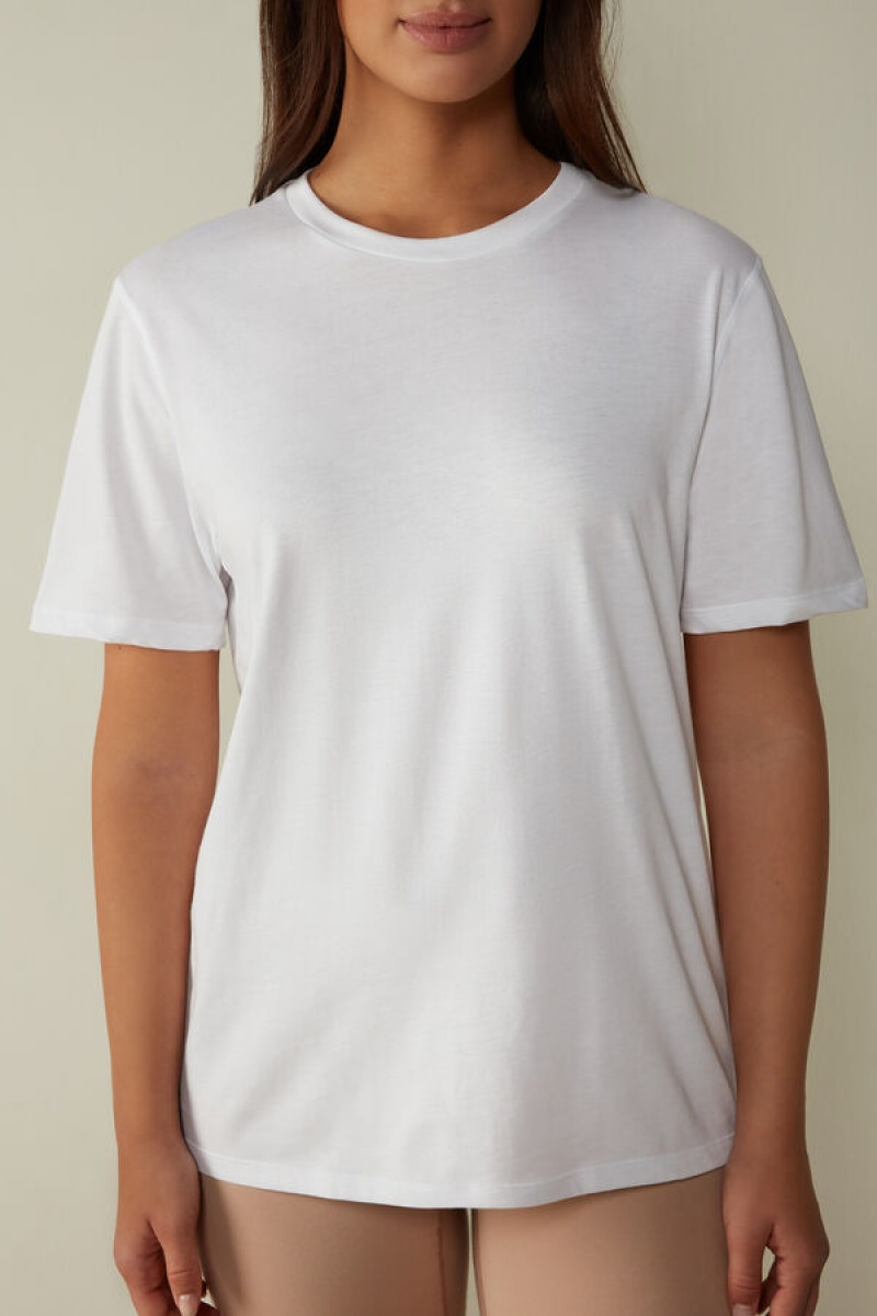 White Intimissimi Short-Sleeved Supima® Cotton Top | QCAWA85421