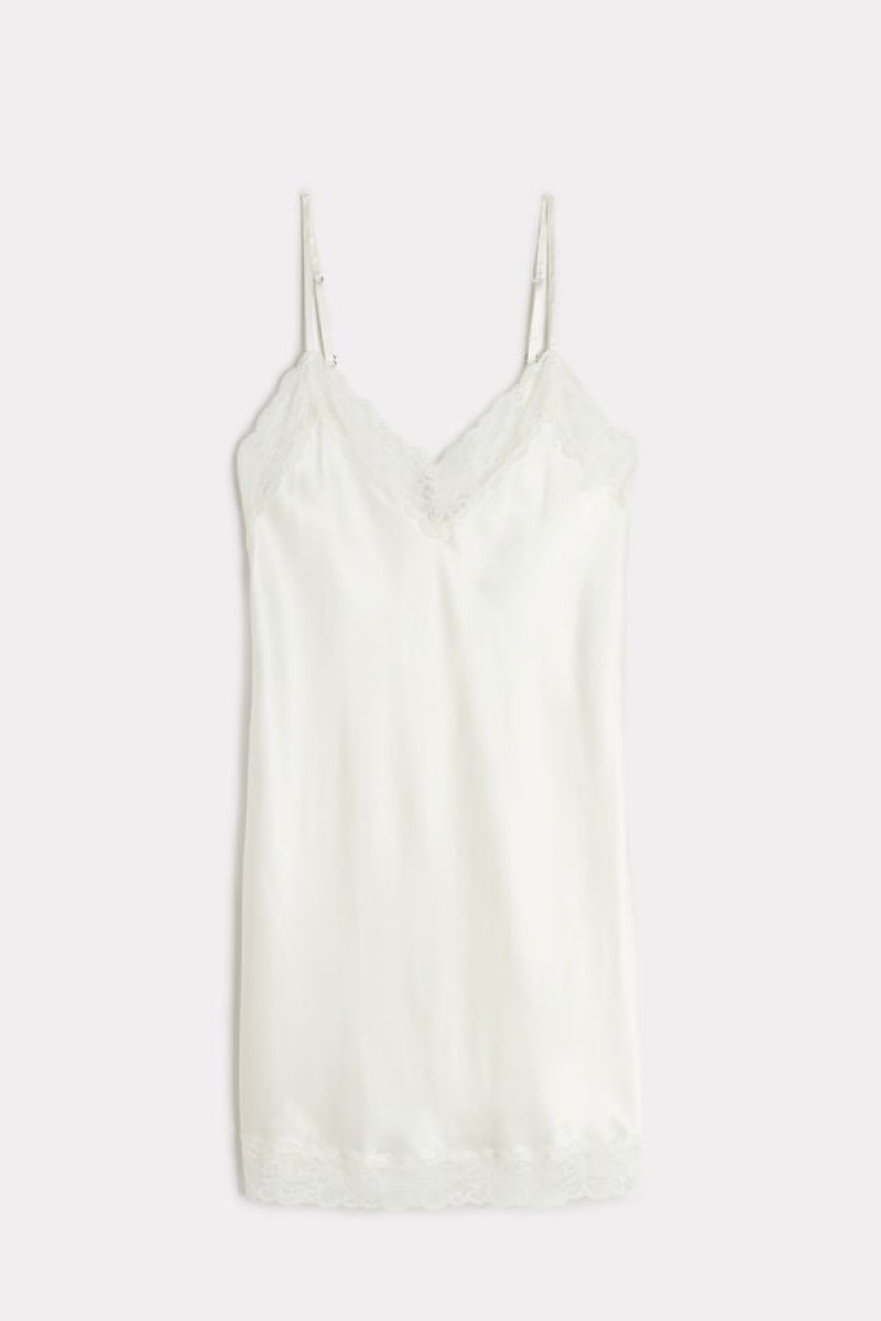 White Intimissimi Silk Slip with Lace Insert Detail | QCAWA93297