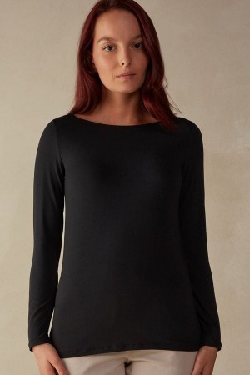 Black Intimissimi Long Sleeve Bateau Neck Top in Micromodal | CAXMI14203