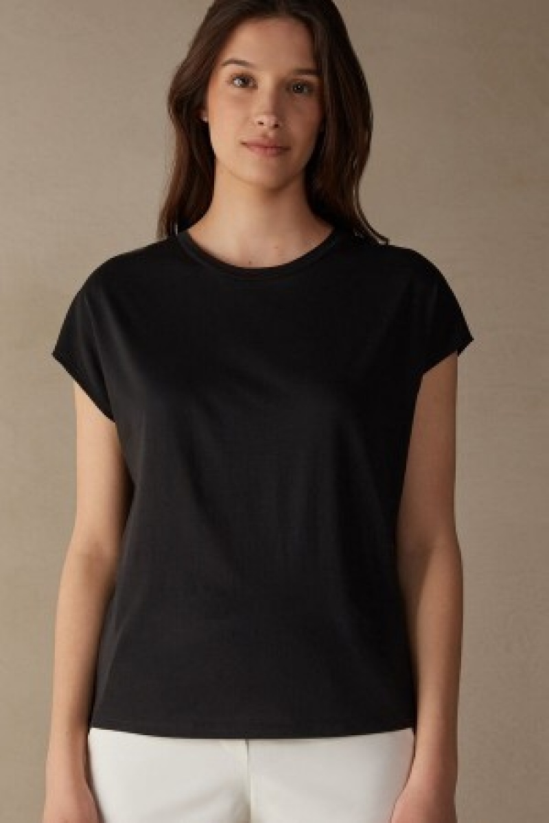 Black Intimissimi Short Sleeve Crew Neck Top in Supima® Ultrafresh cotton | SCAVO44980