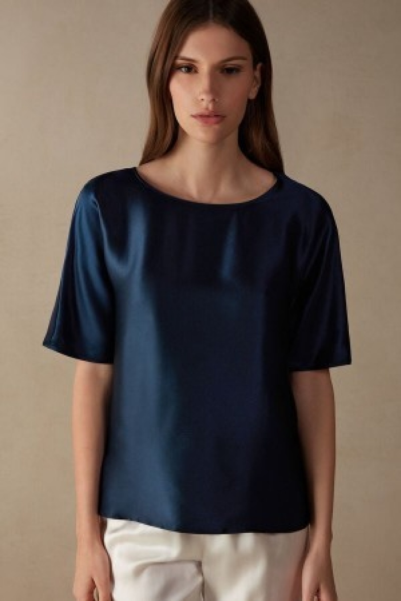 Blue Intimissimi Short Sleeve Silk and Modal Top | CACIF18395