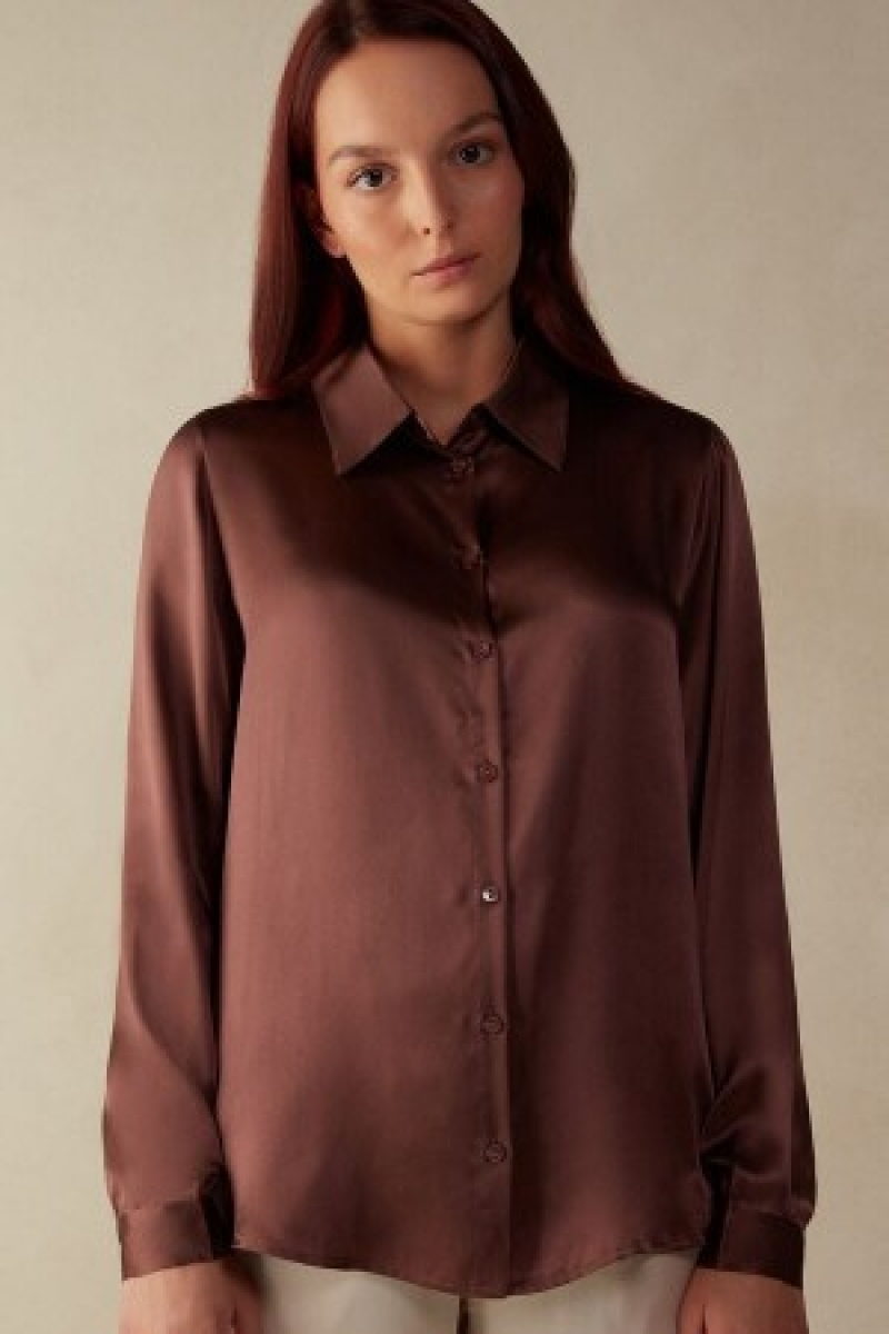 Brown Intimissimi Long Sleeve Silk Shirt | ZCANQ85602