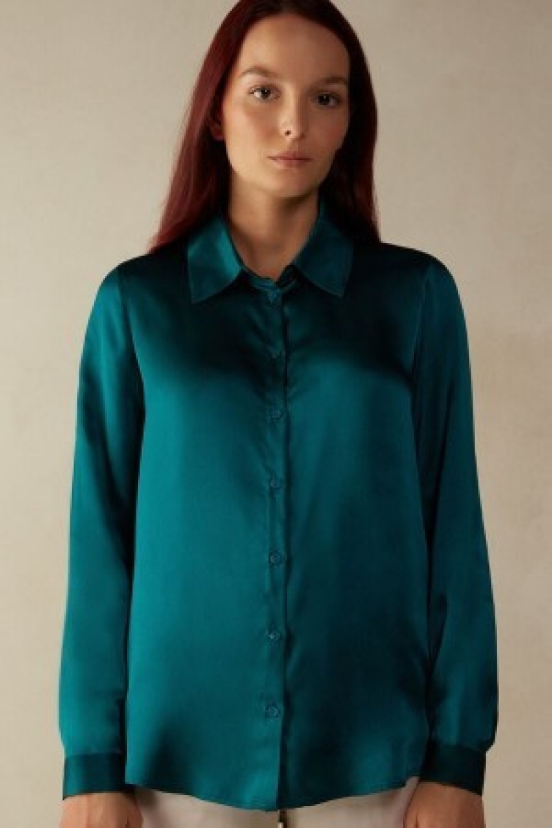 Green Intimissimi Long Sleeve Silk Shirt | CADFL72843