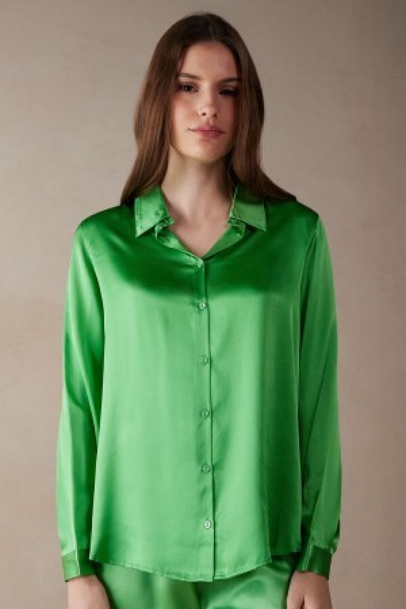 Green Intimissimi Long Sleeve Silk Shirt | CAZDE98705