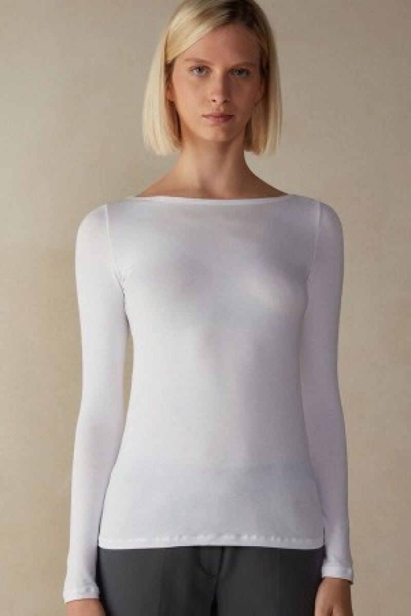 White Intimissimi Long Sleeve Bateau Neck Top in Micromodal | TCAPQ98453