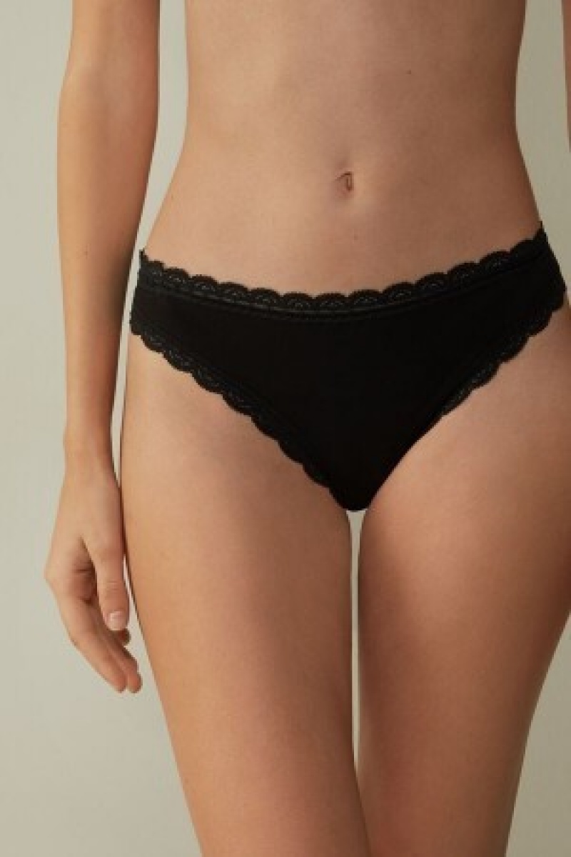 Black Intimissimi Cotton and Lace Brazilian | CANEJ92397