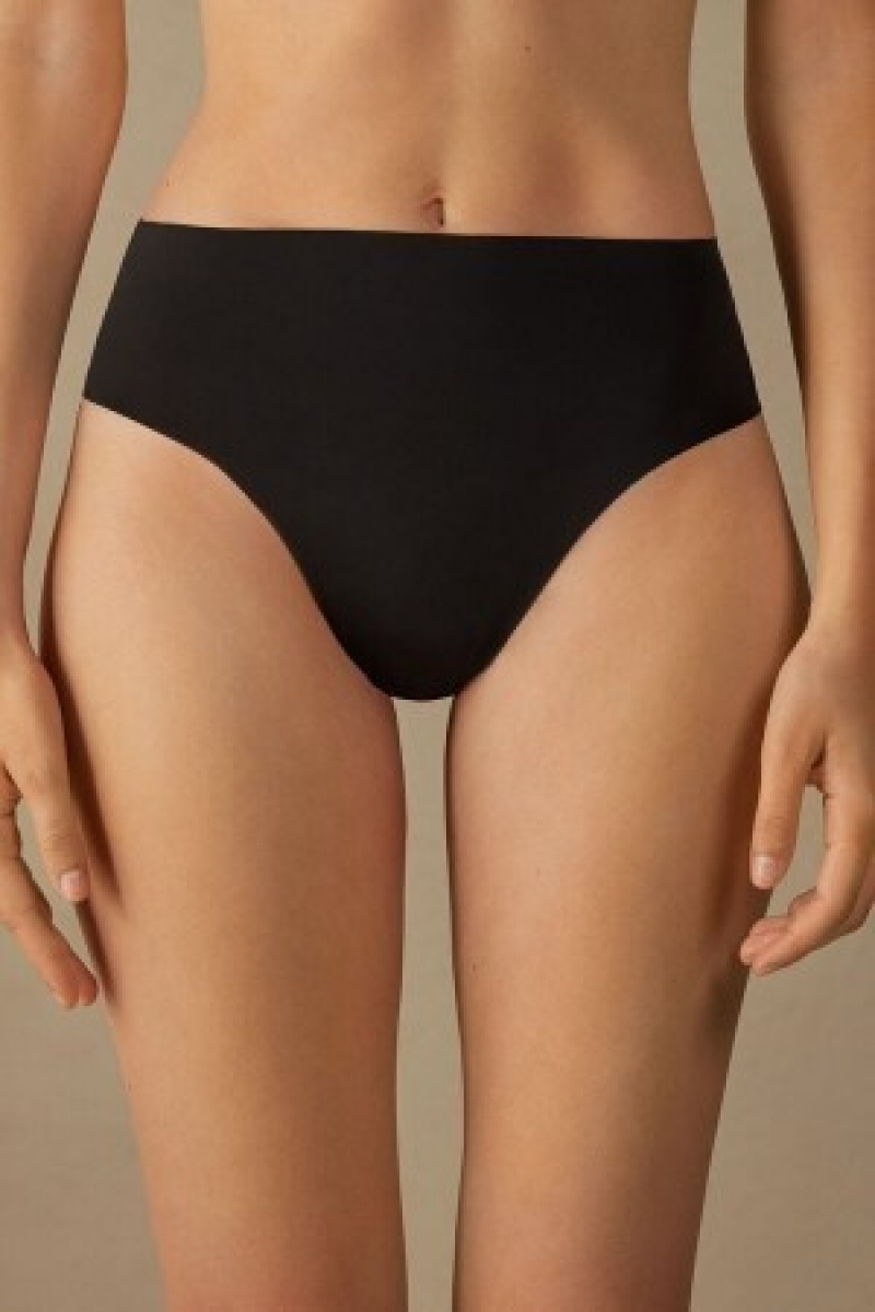 Black Intimissimi High Waist Thong in Seamless Ultralight Microfiber | LCATR22523