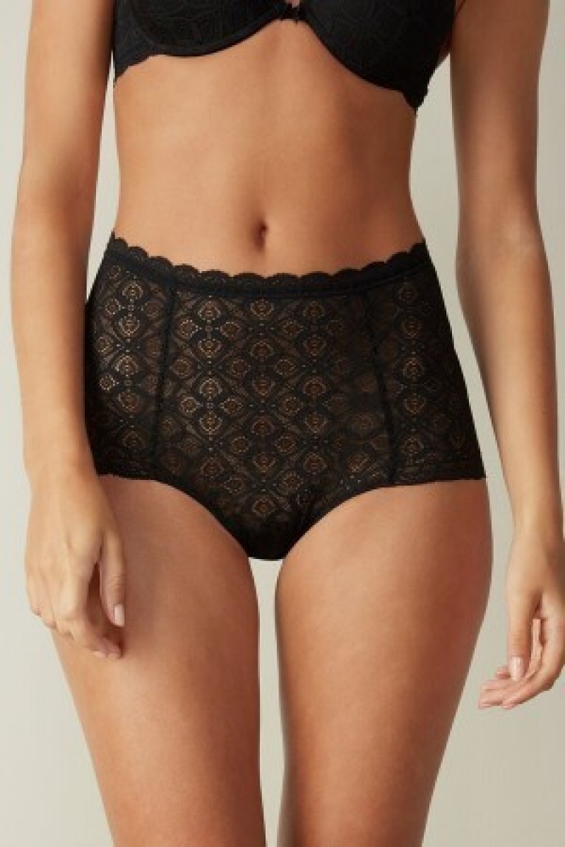 Black Intimissimi Lace High Waist Hipster | CACVG31424