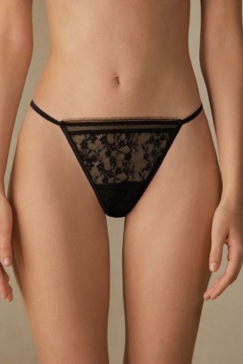 Black Intimissimi Luxury Treats String Thong | QCAWA95142