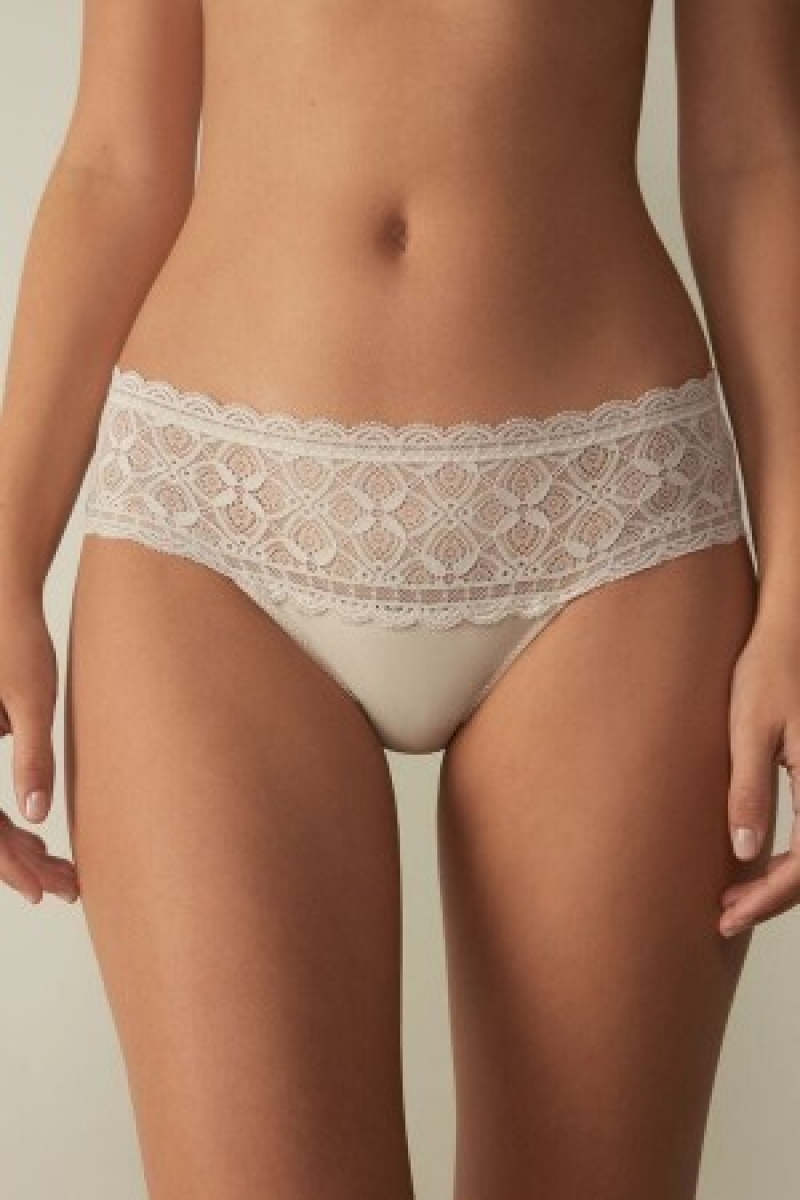 Natural Intimissimi Lace and Cotton High Rise Panties | ZCANQ58947