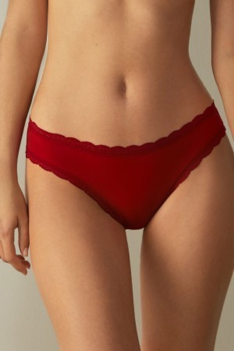 Red Intimissimi Cotton and Lace Panties | QCAUV55194