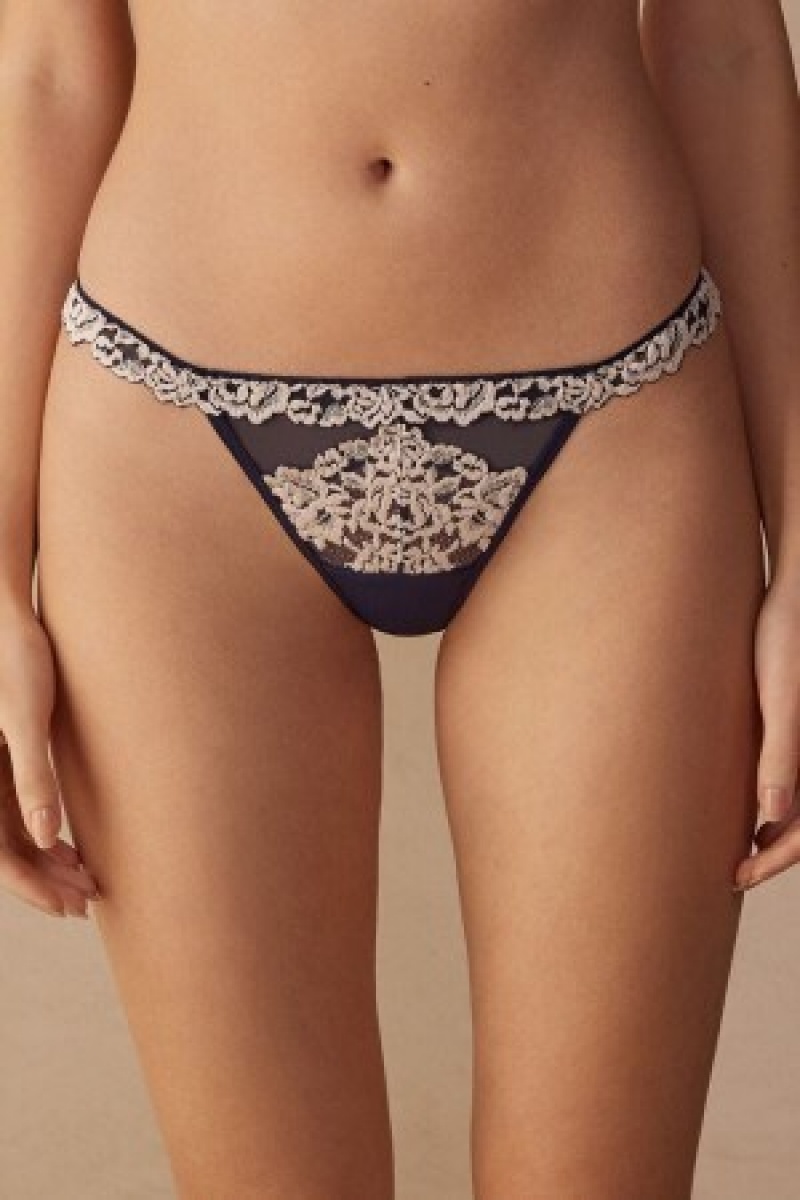 Blue Intimissimi Pretty Flowers String Thong | CAXMI28624