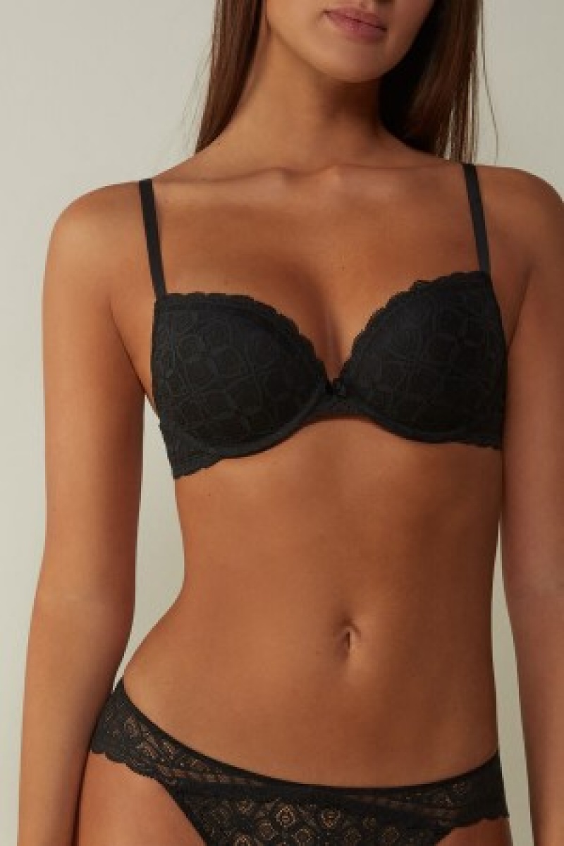 Black Intimissimi Elettra Super Push-up Bra in Lace | ZCANQ18199