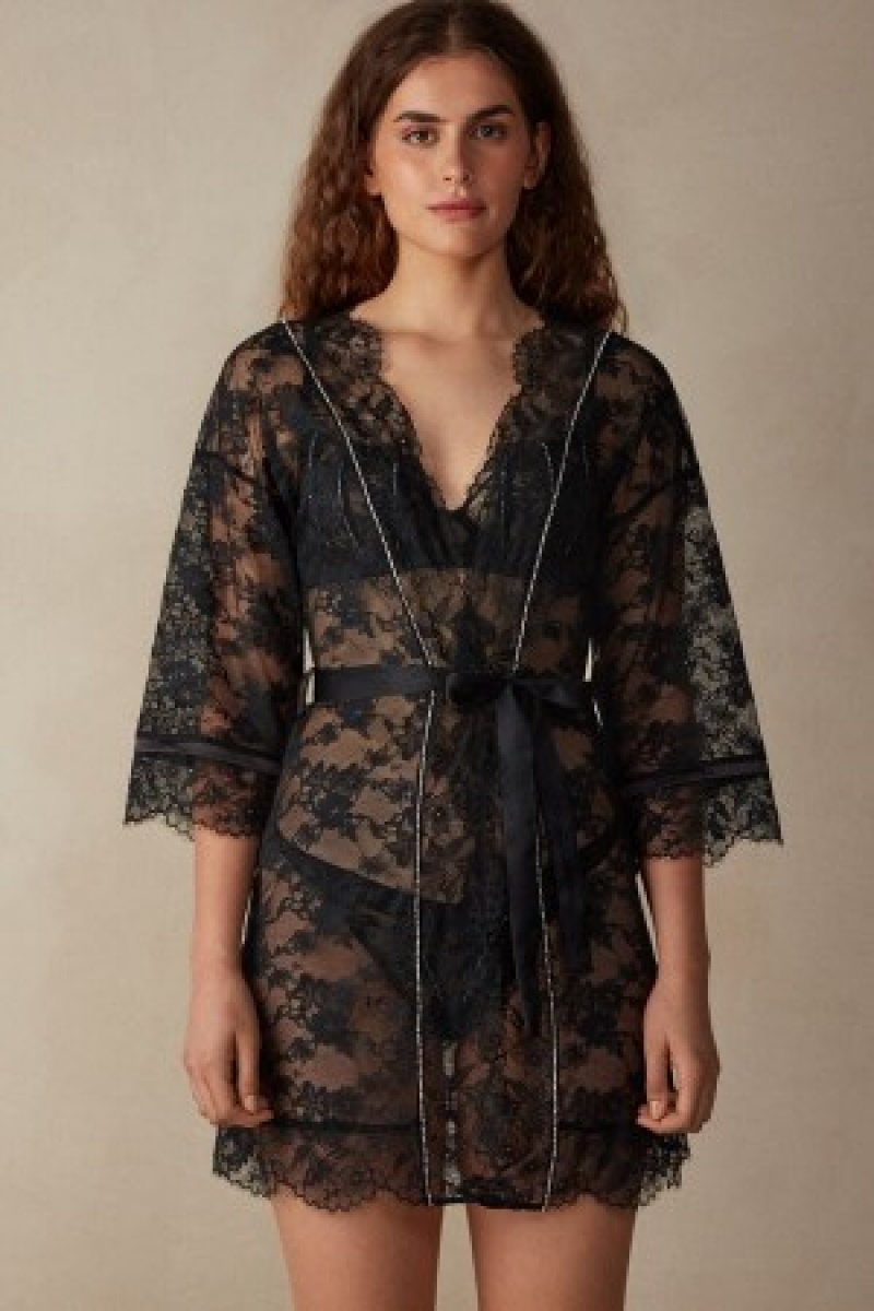 Black Intimissimi Shine High Like Stars Lace Kimono | LCATR15583