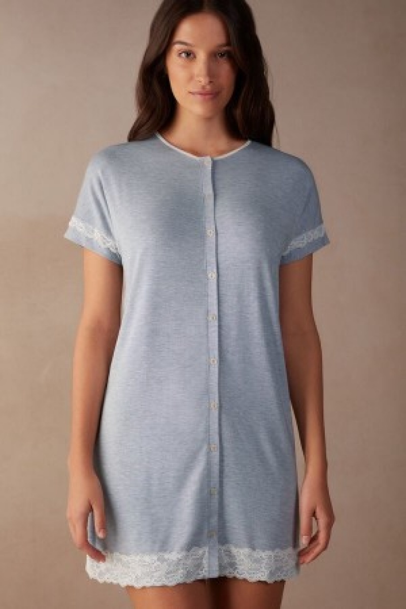 Light Blue Intimissimi Lace Trim Button Up Nightgown | CAQAV51156