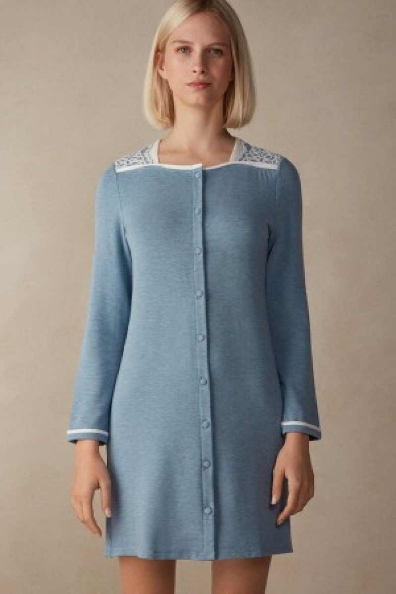 Light Blue Intimissimi Romantic Bedroom Button Up Night Shirt in Modal with Wool | YCAGT51017