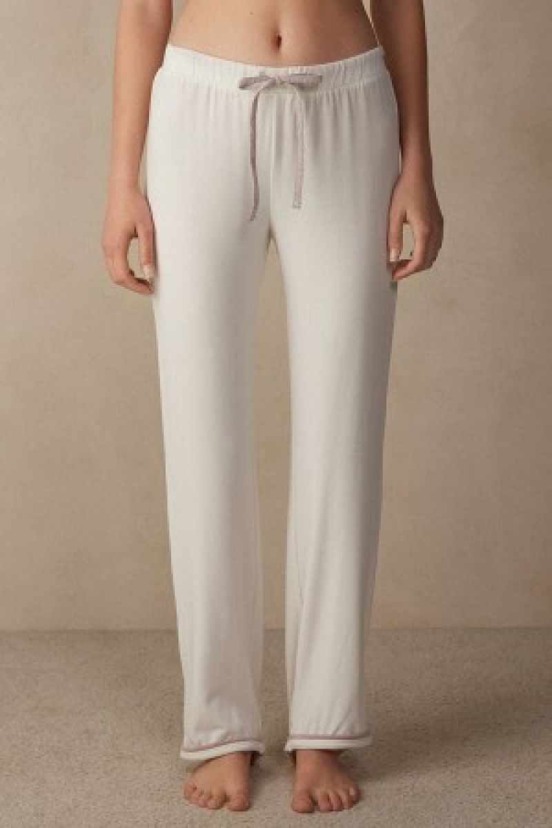 White Intimissimi Romantic Bedroom Full Length Pants in Modal with Wool | CAICD74086