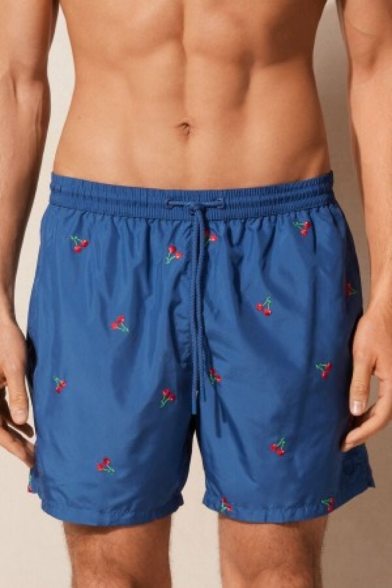 Blue Intimissimi Embroidered Cherry Swim Trunks | CANEJ46891