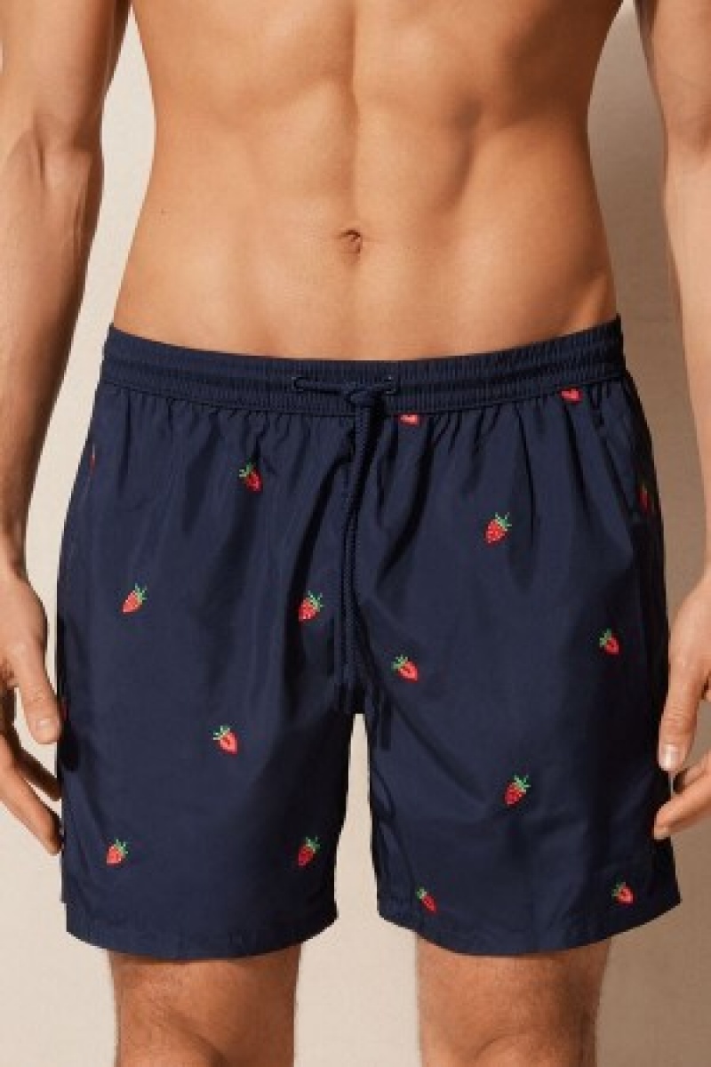 Blue Intimissimi Embroidered Strawberry Swim Trunks | CAZDE10328