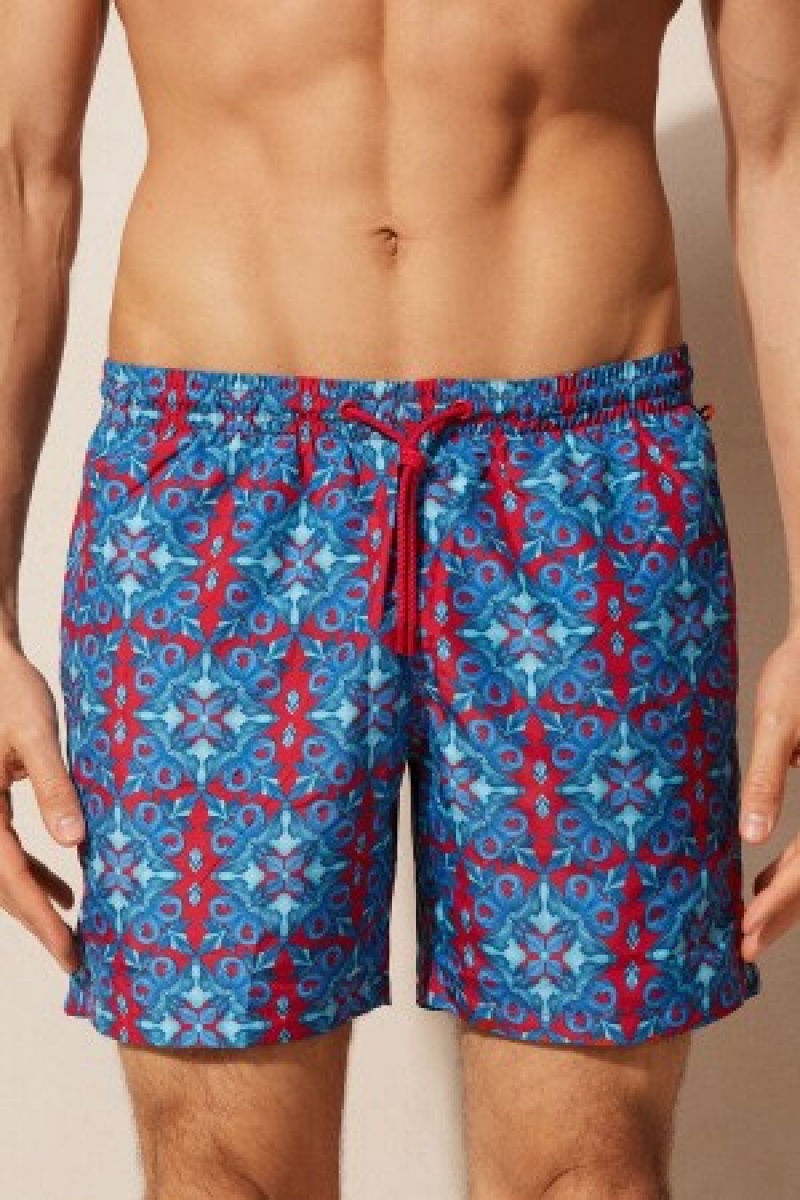 Blue Intimissimi Red Moroccan Print Swim Trunks | CAEGJ69494