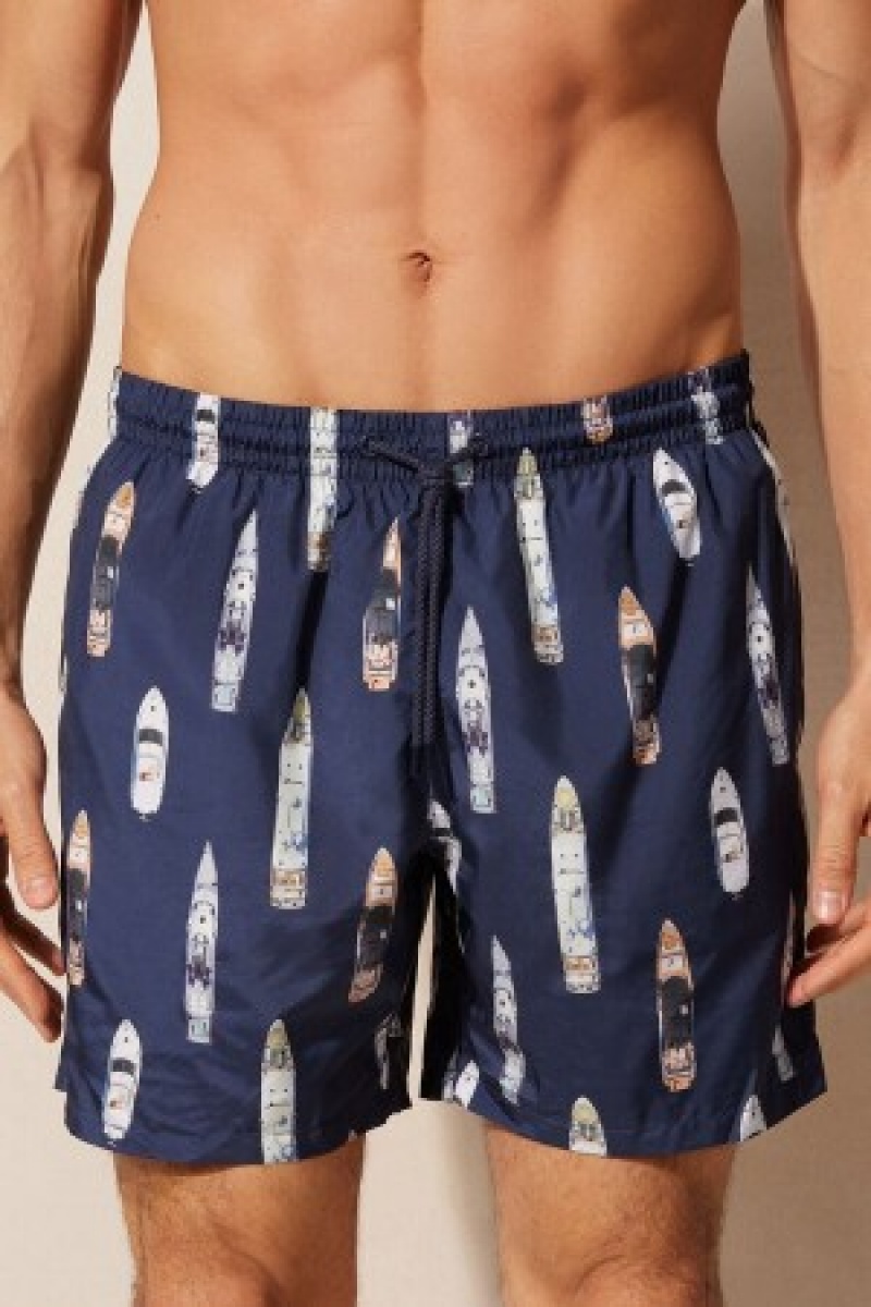 Blue Intimissimi Ship Print Swim Trunks | CAQCS62776