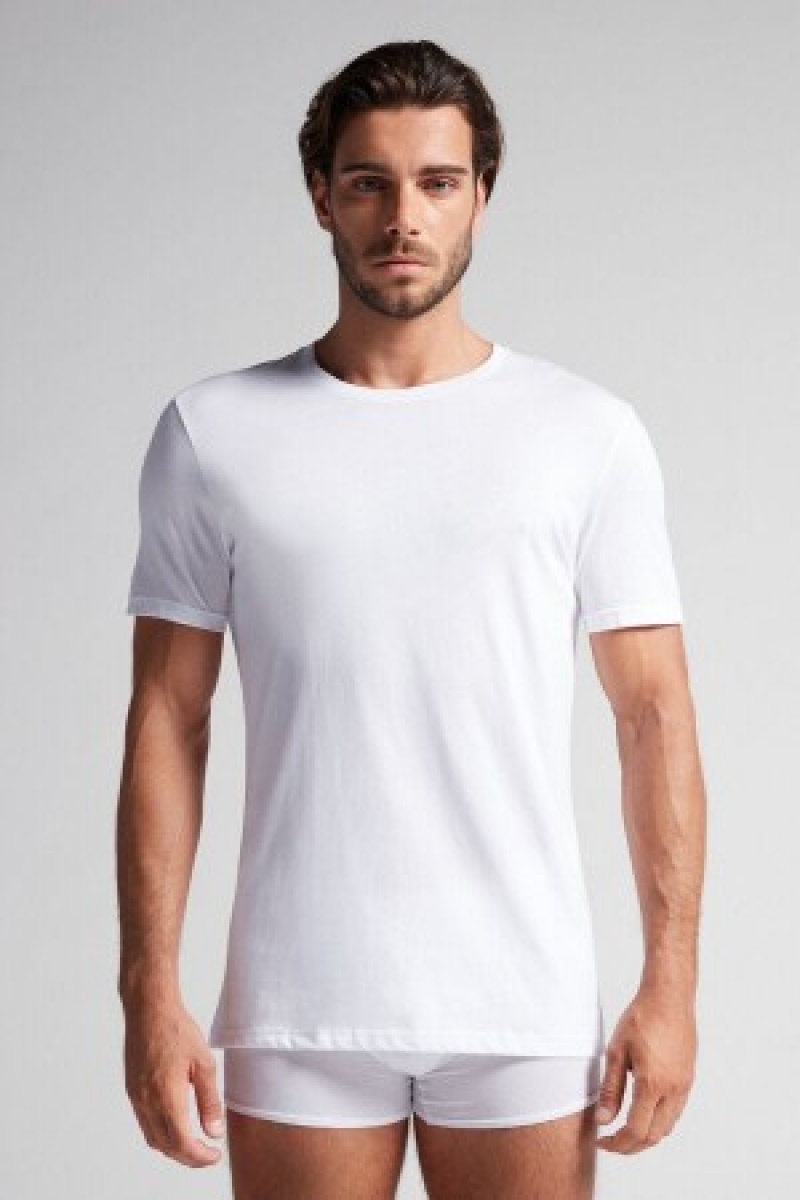 White Intimissimi Short Sleeve Crew Neck T Shirt in Supima® Cotton | CAJZR89694