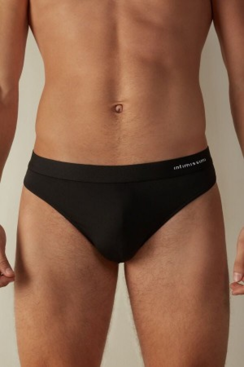 Black Intimissimi Logo Detailed Microfiber Thong | LCASX48213