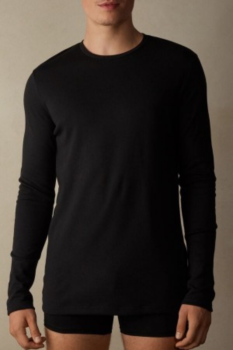 Black Intimissimi Long Sleeve Top in Warm Cotton | ECAVG64440