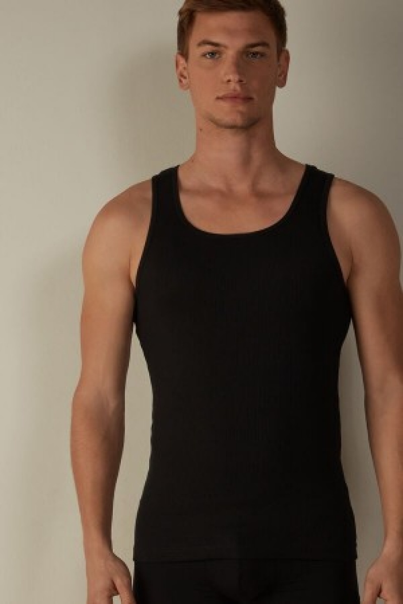 Black Intimissimi Ribbed Supima Cotton Tank Top | CAJKU35304