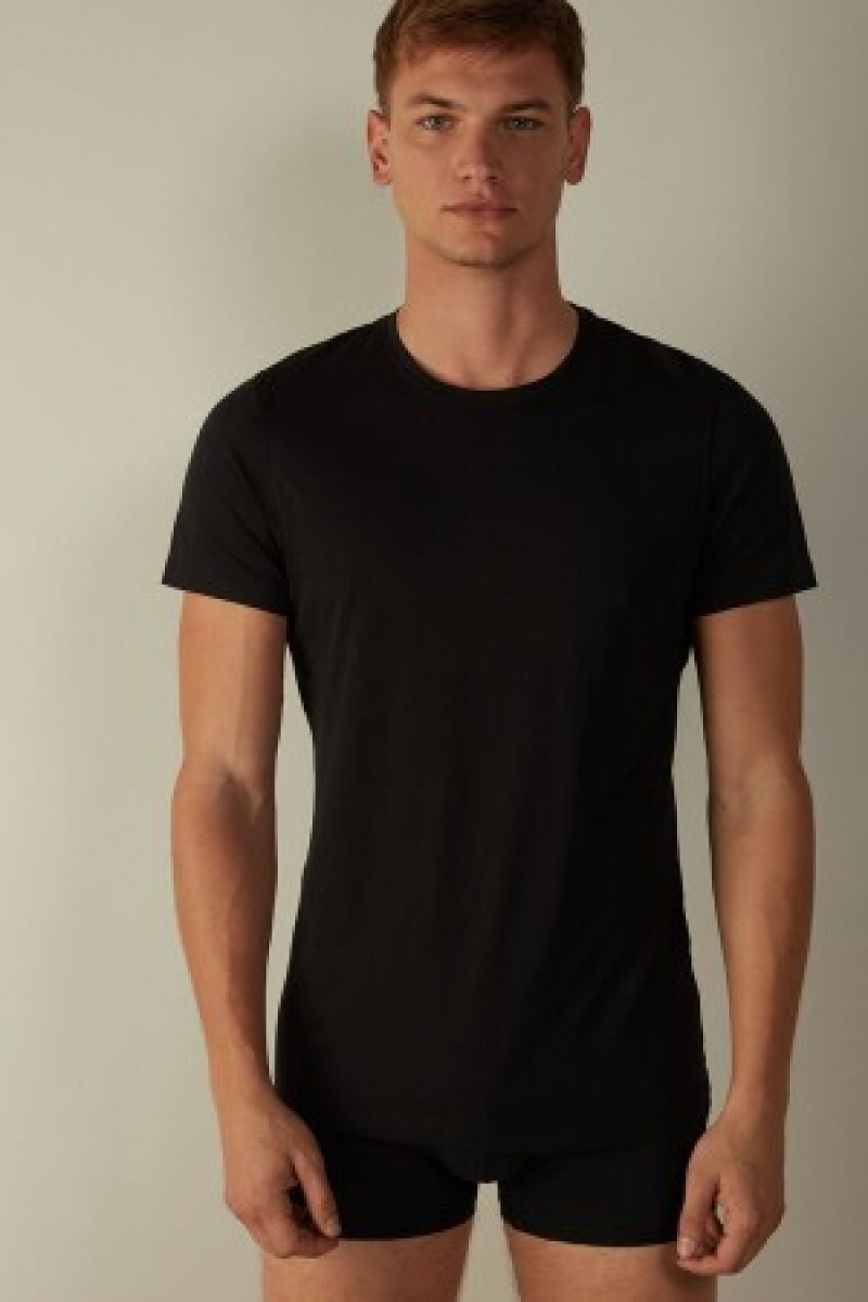 Black Intimissimi Short-Sleeve Crew-Neck T-Shirt in Extra-Fine Supima® Cotton | CANEJ77604