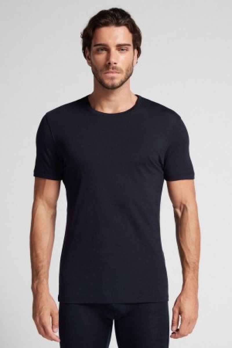 Black Intimissimi Stretch Merino Wool Short-Sleeve T-Shirt | CADFL32064