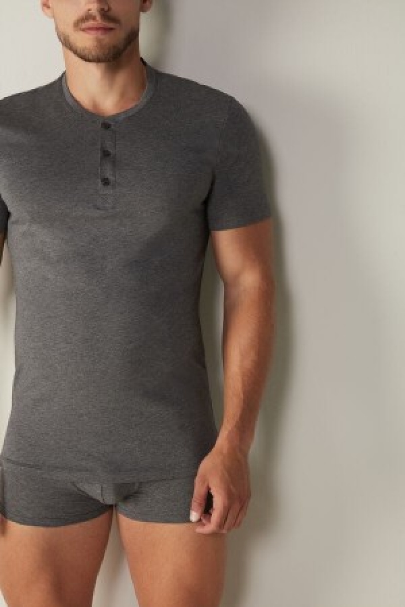 Dark Grey Intimissimi Short-Sleeved Supima® Cotton Shirt | MCAHR74733