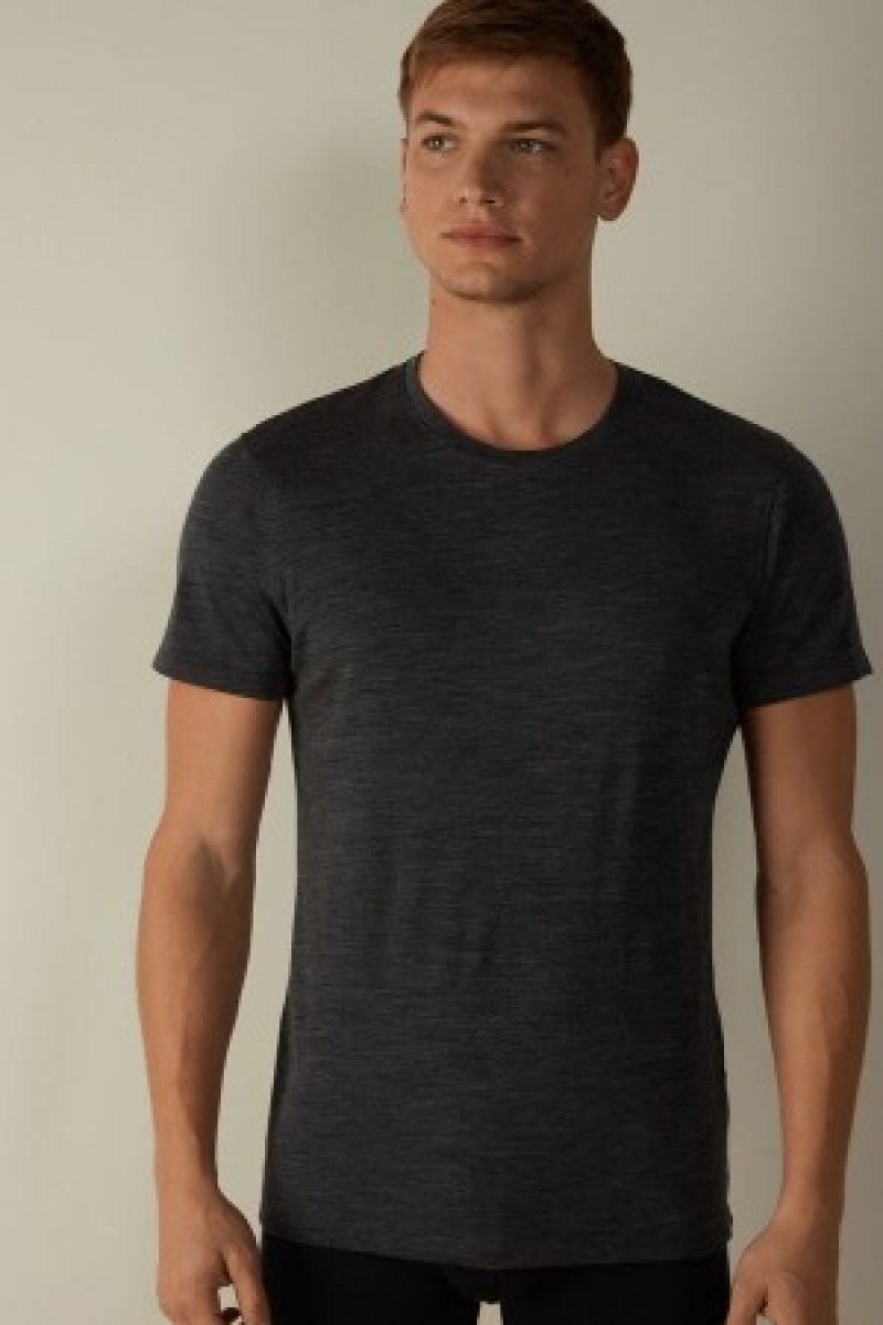 Dark Grey Intimissimi Stretch Merino Wool Short-Sleeve T-Shirt | CADYB52668