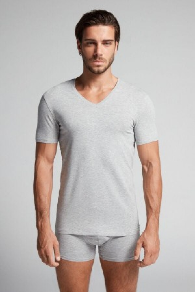 Grey Intimissimi V-neck T-shirt in Stretch Supima® Cotton | ECAVG21545