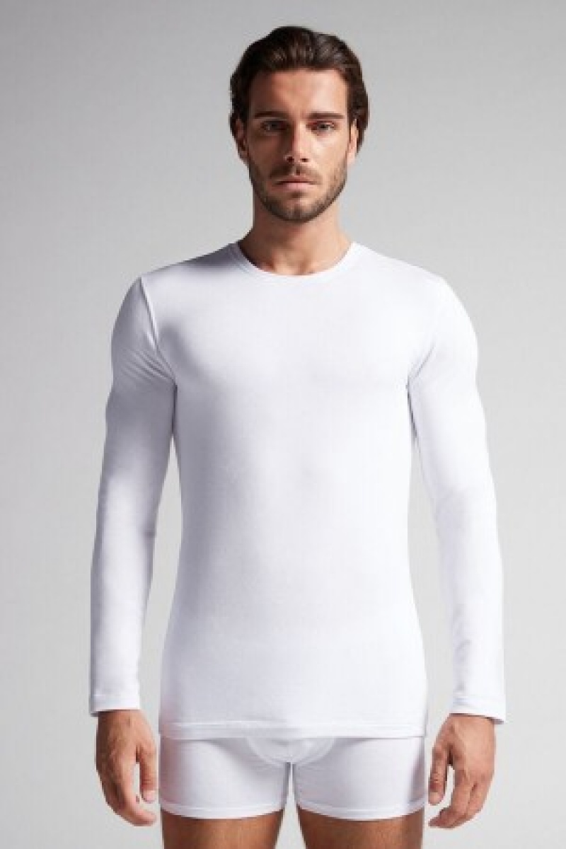 White Intimissimi Long-Sleeve Modal-Cashmere Top | CAQCS80959