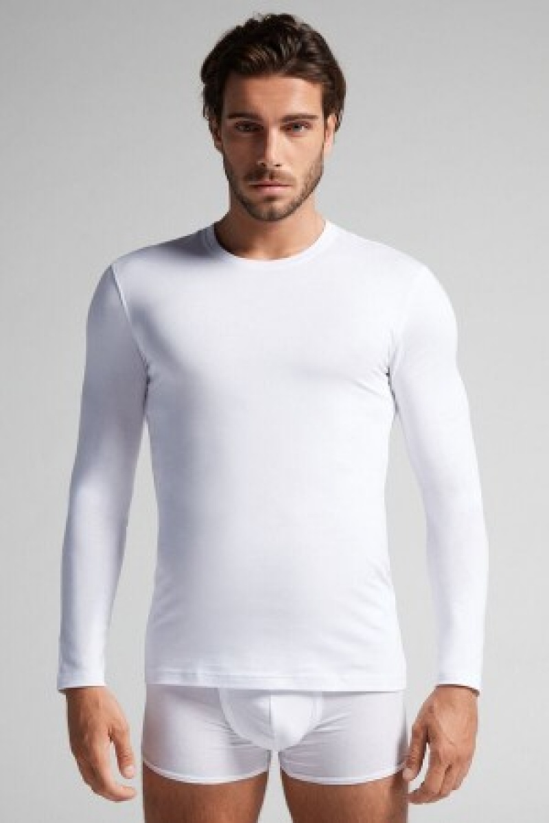 White Intimissimi Long-Sleeve Stretch Supima Cotton Top | CAQCS15094