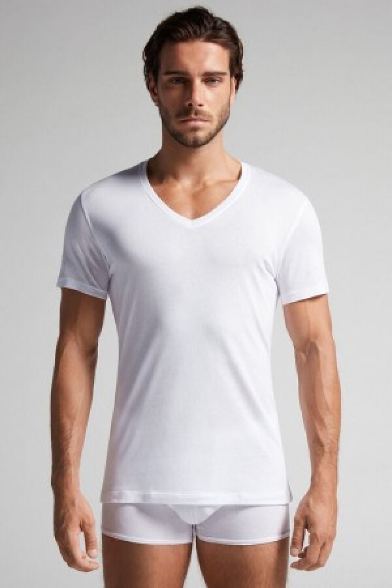 White Intimissimi Short-Sleeve V-Neck T Shirt in Extra-Fine Supima® Cotton | CADFL71662